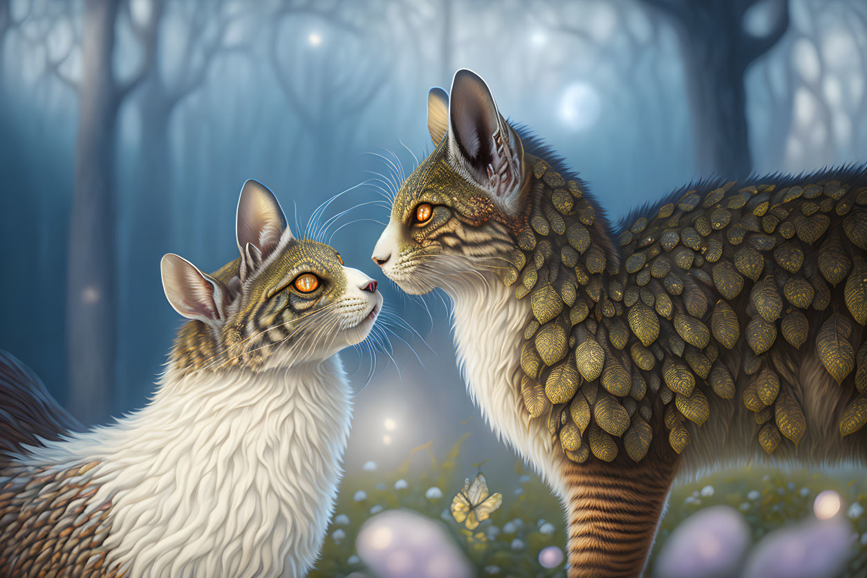 Fantastical cats with intricate fur patterns in enchanted forest.