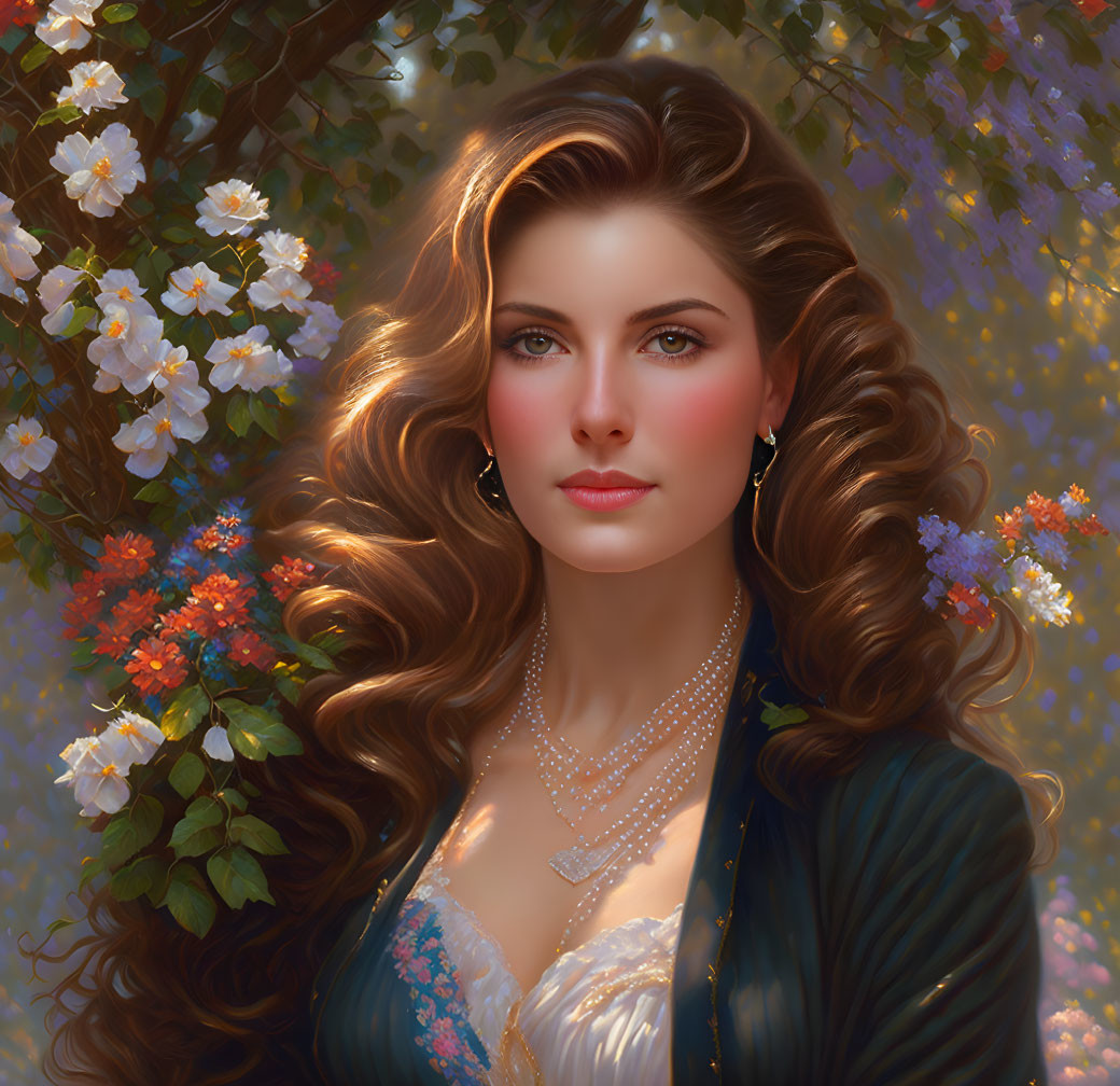 Digital painting of woman with curly hair, green eyes, flowers, blue dress, pearl necklace