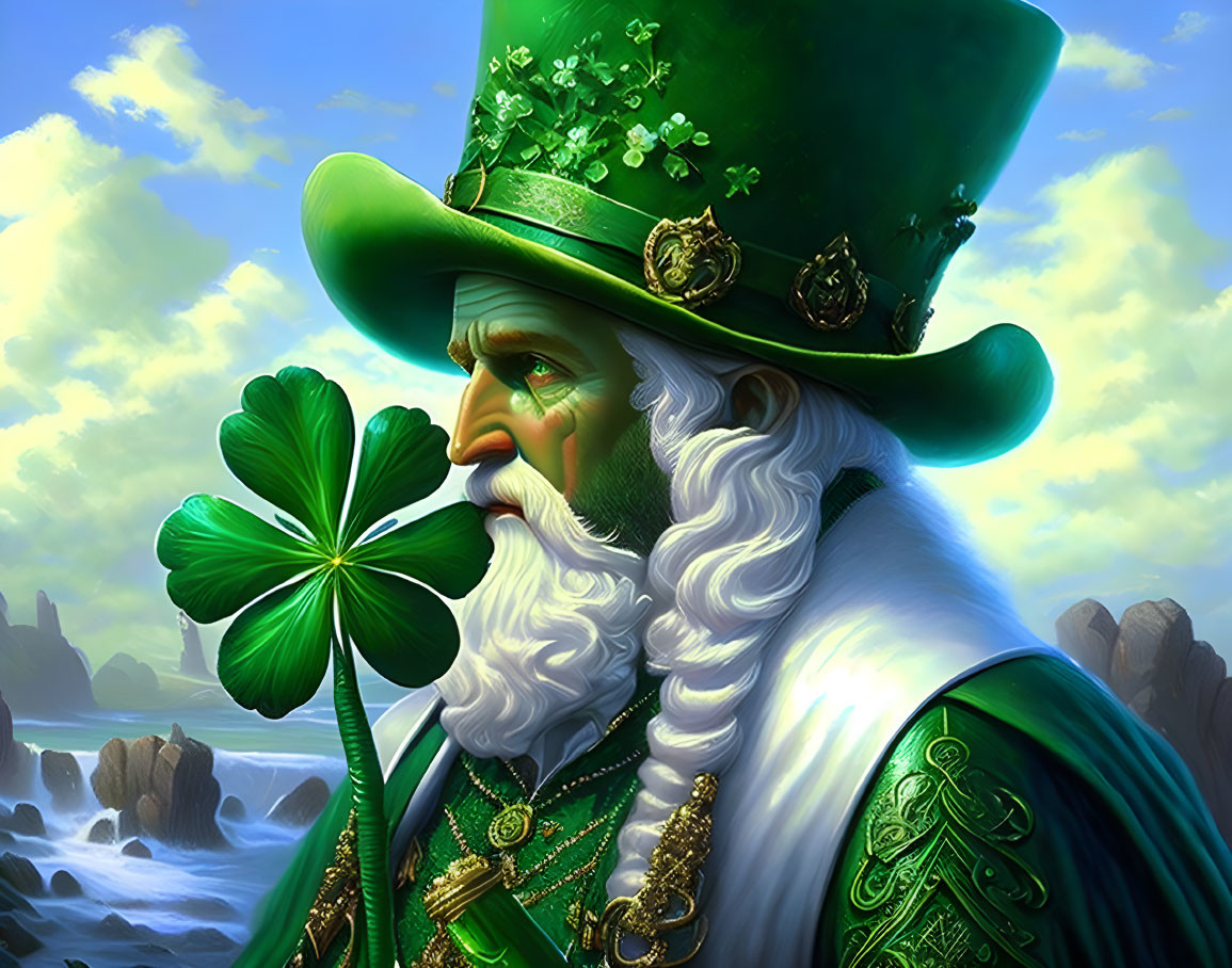 Illustrated man in green outfit with shamrock by coastal backdrop symbolizes Irish folklore.