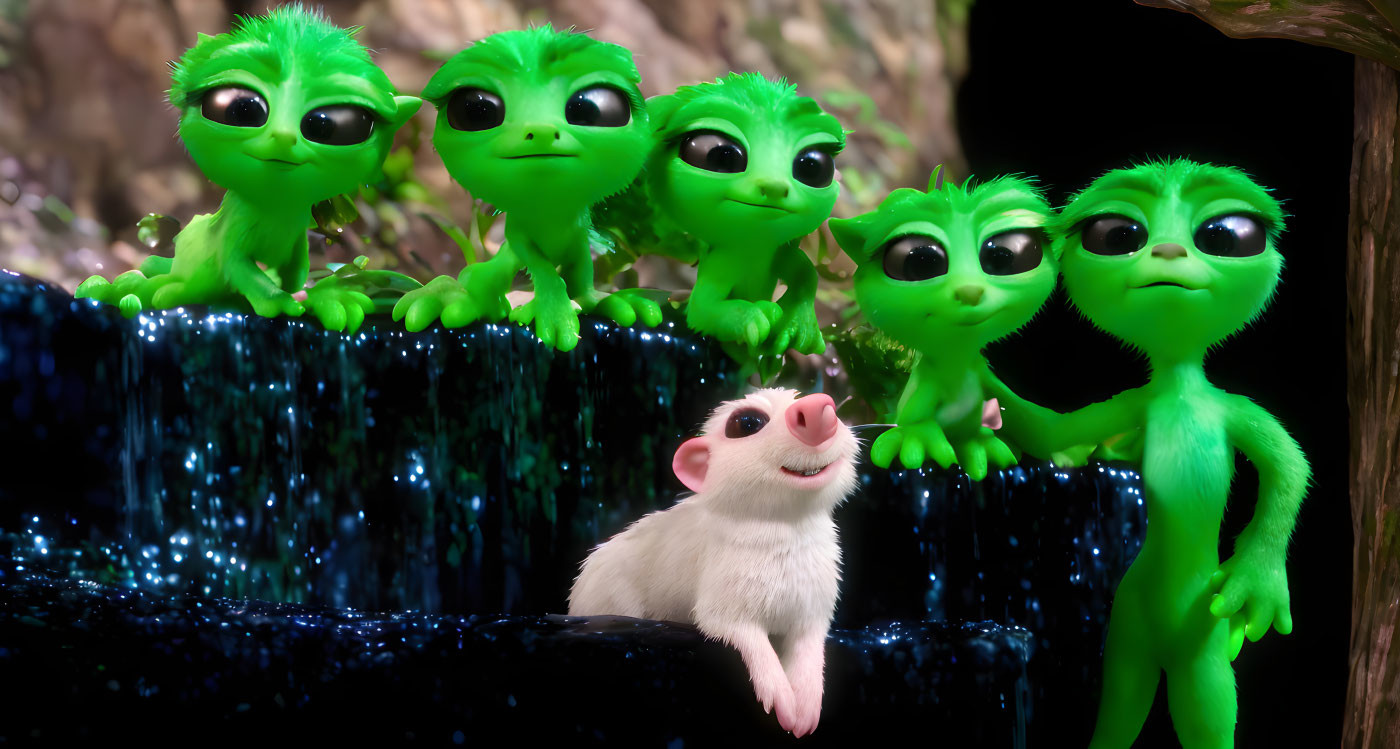 Six green aliens and a possum by a waterfall