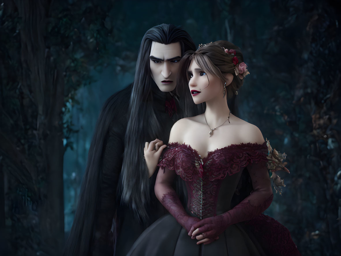 Gothic-style couple in dark, blue-tinted forest