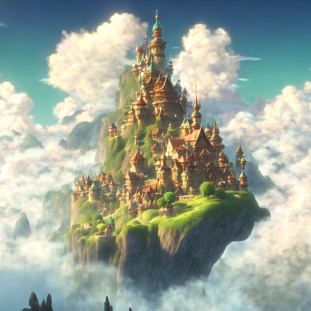 Fantastical castle with multiple spires on floating island surrounded by clouds