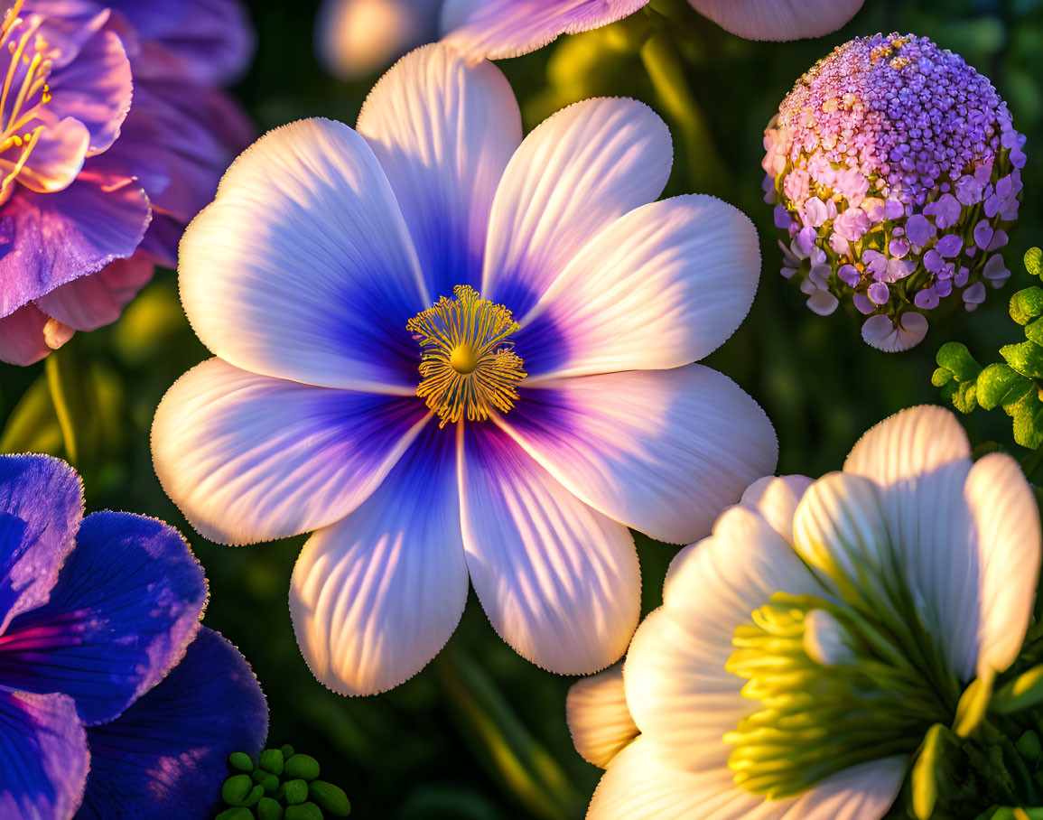 Colorful Flower with White, Purple, and Yellow Petals in Pink Blossom Setting