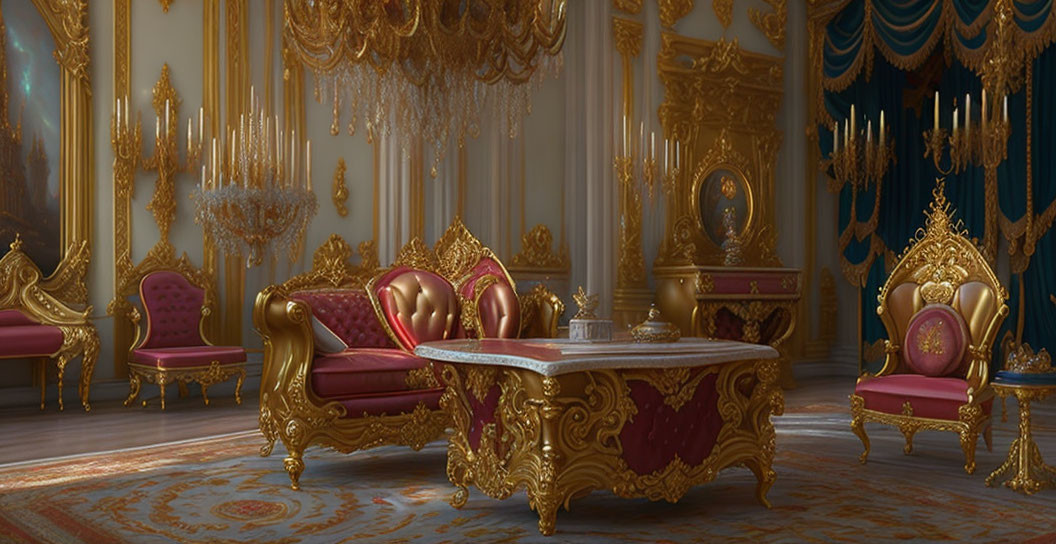 Luxurious Room with Golden Furniture, Red Seating, Chandeliers, and Intricate Floor Design