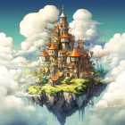 Fantastical castle with multiple spires on floating island surrounded by clouds