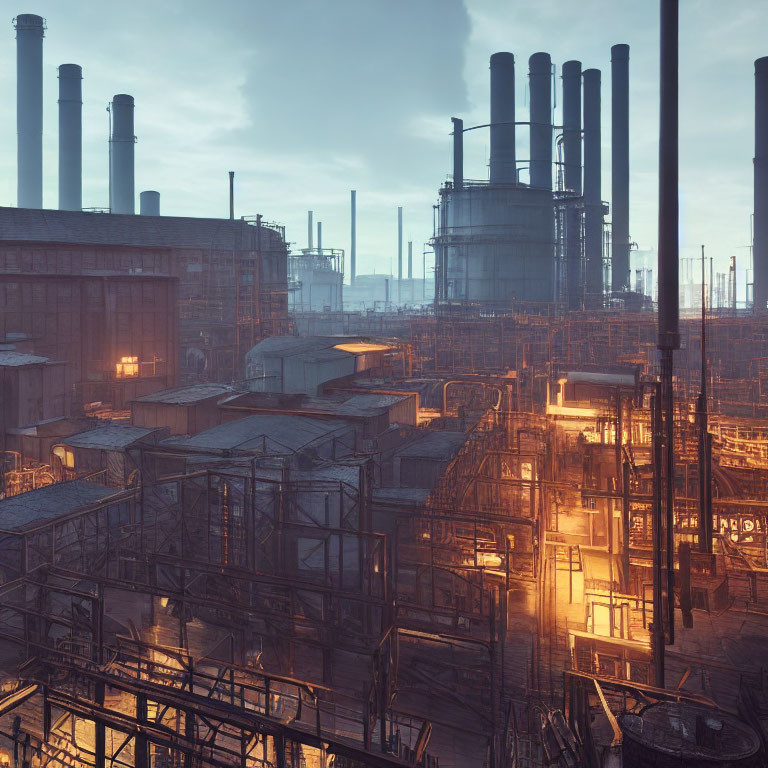 Steel structures and smokestacks in industrial complex at twilight