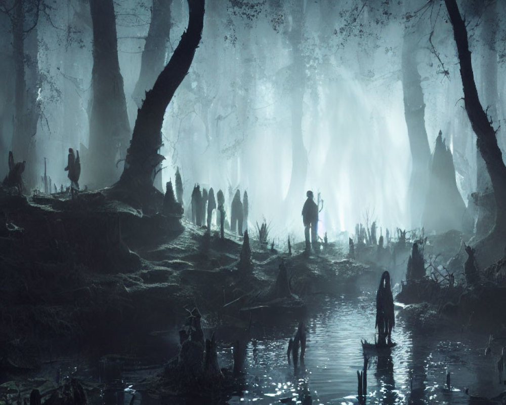 Ethereal swamp at night with silhouetted figures among gnarled trees