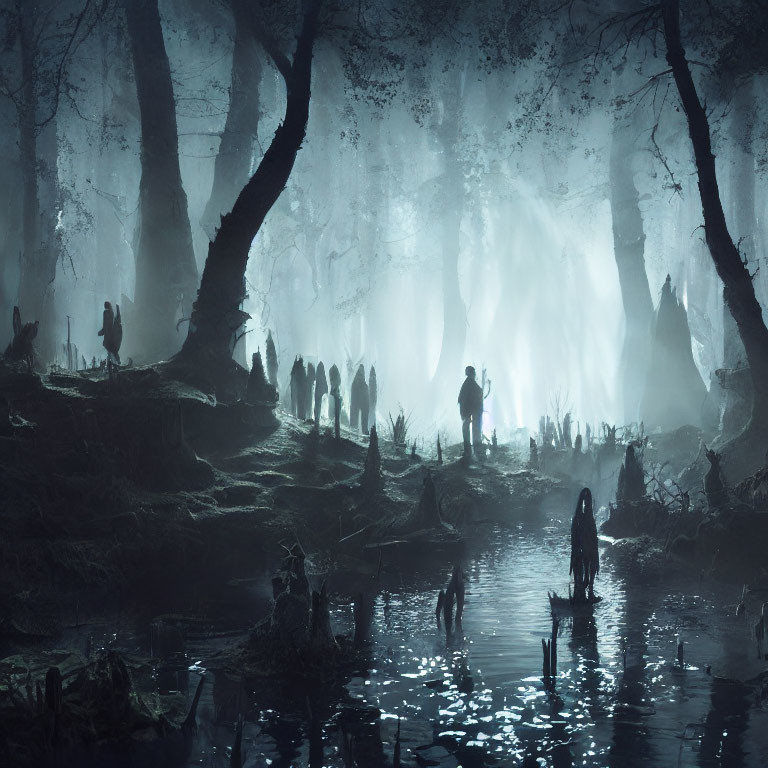 Ethereal swamp at night with silhouetted figures among gnarled trees