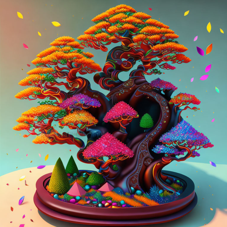 Colorful surreal bonsai tree on gradient background