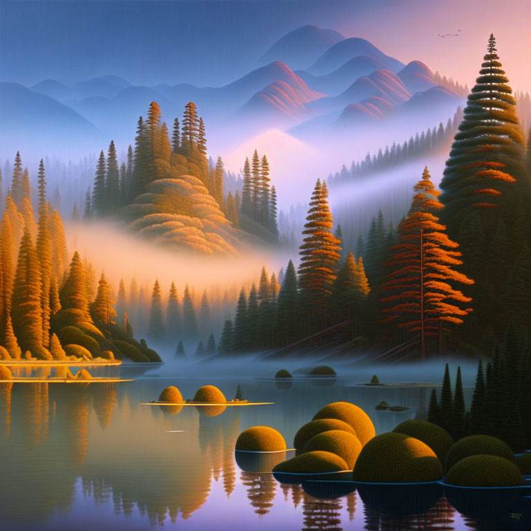 Tranquil Landscape: Misty Mountains, Tranquil Lake, Lush Forests