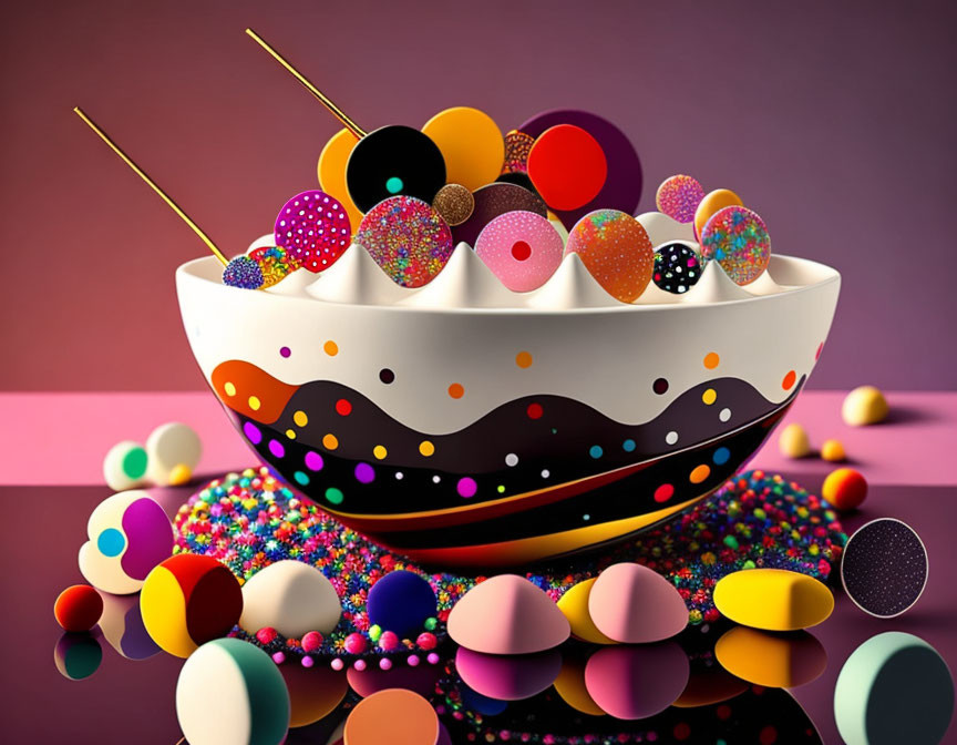 Colorful Digital Art: Bowl of Decorated Spheres on Gradient Background