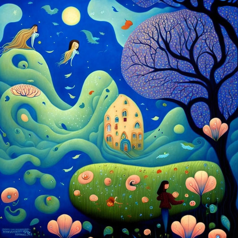 Whimsical blue palette illustration of fantastical landscape, red-capped figure, moon, creatures,