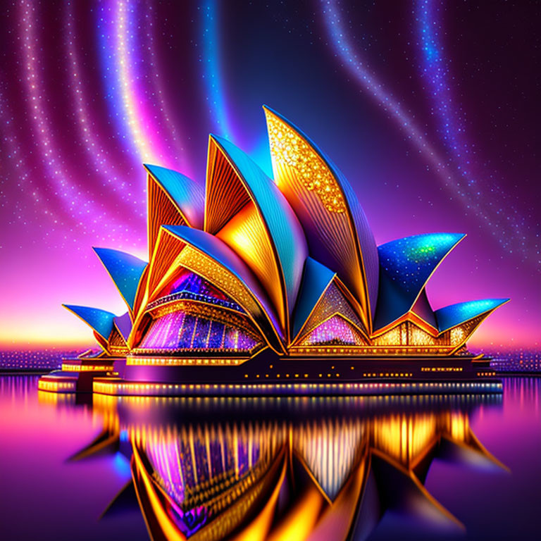 Colorful Sydney Opera House Illustration Under Starry Sky