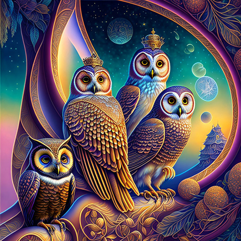 Colorful Owls with Intricate Feather Patterns in Night Landscape