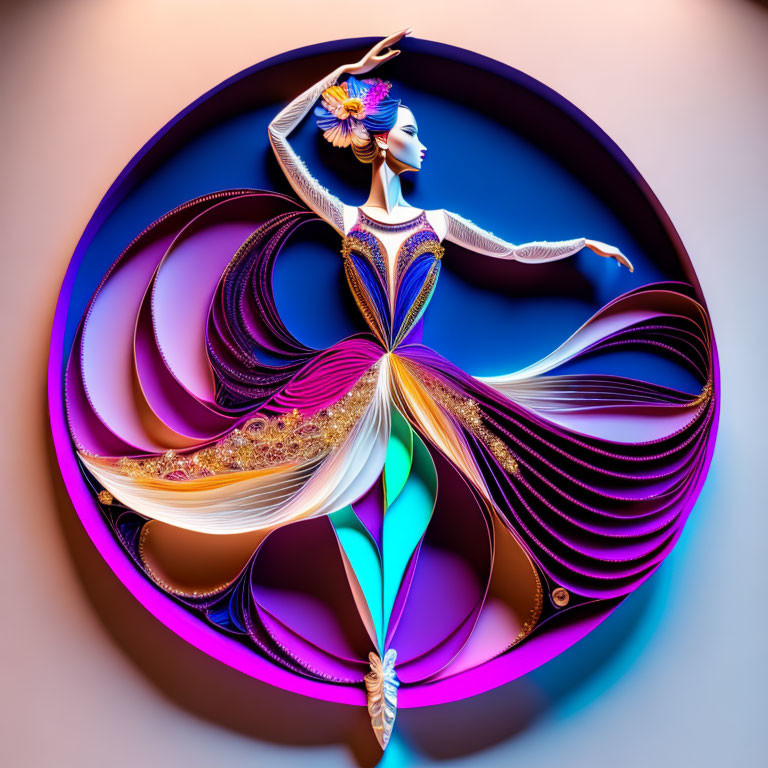 Colorful digital artwork of a graceful dancer in swirling dresses within an ornate frame.