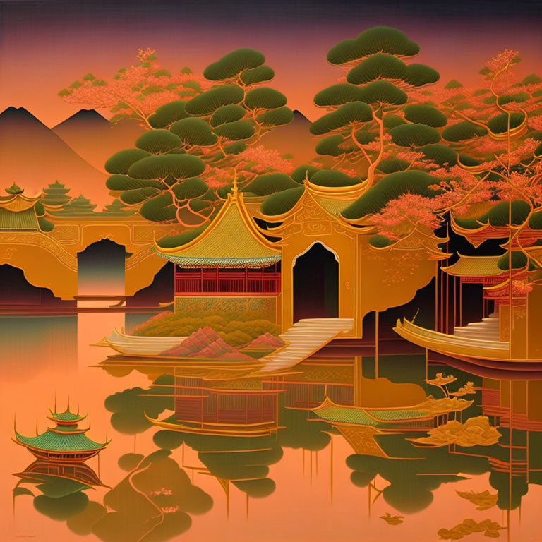 Traditional Asian landscape with temples, mountains, trees, and boats in serene setting