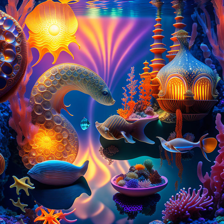 Colorful underwater fantasy scene with stylized fish, coral, and illuminated building