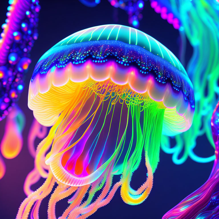 Neon-colored jellyfish with glowing tentacles in deep-sea environment