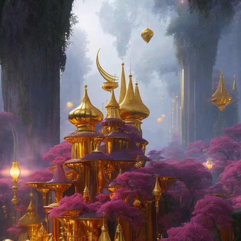 Golden Temple in Pink Forest with Foggy Trees and Lanterns