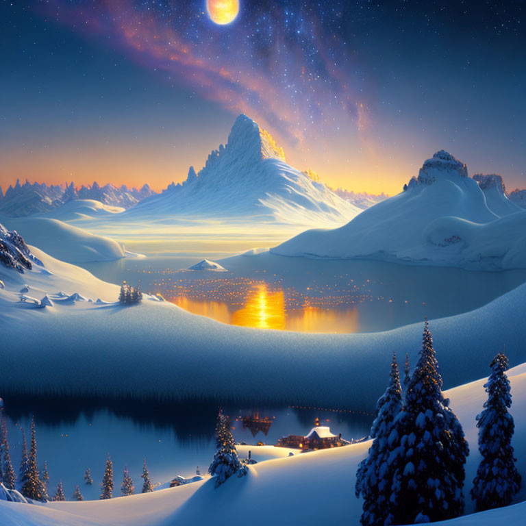 Snowy Mountain Night Scene with Aurora, Lake, and Cabin