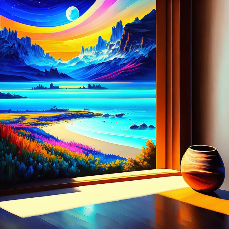 Colorful Beach and Mountain Landscape Painting with Sunset Sky and Vase