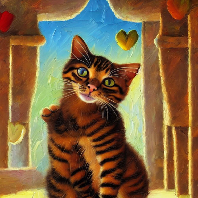 Whimsical painting of striped cat in decorated room