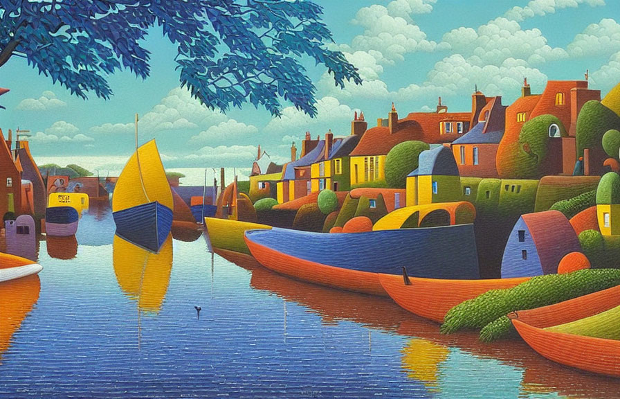 Colorful boats and quaint houses in serene waterway art.