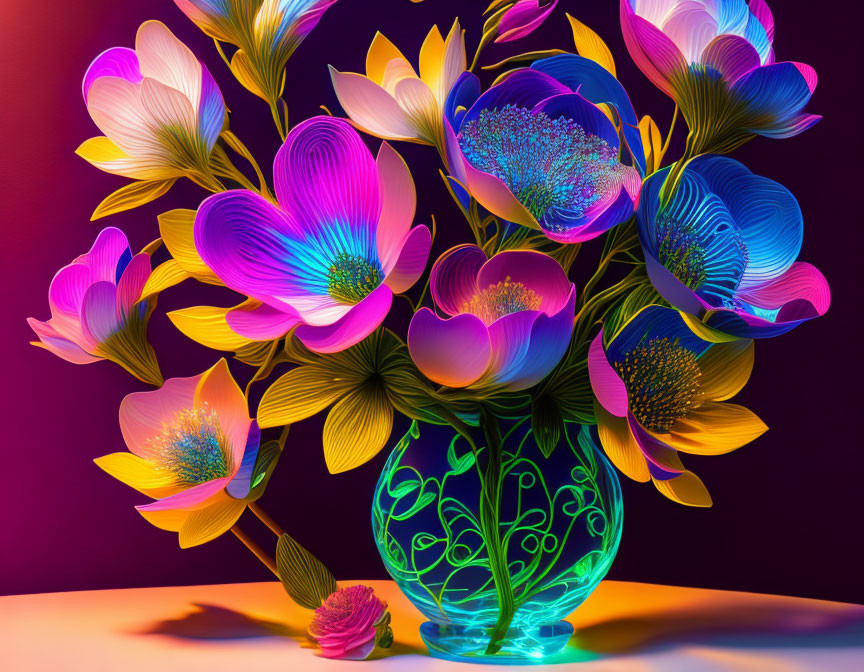 Colorful Neon Flower Bouquet in Translucent Blue Vase on Gradient Background