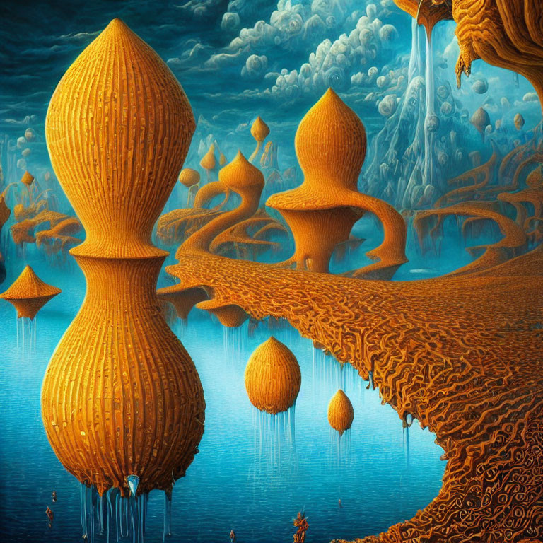 Intricate Golden Structures in Surreal Landscape