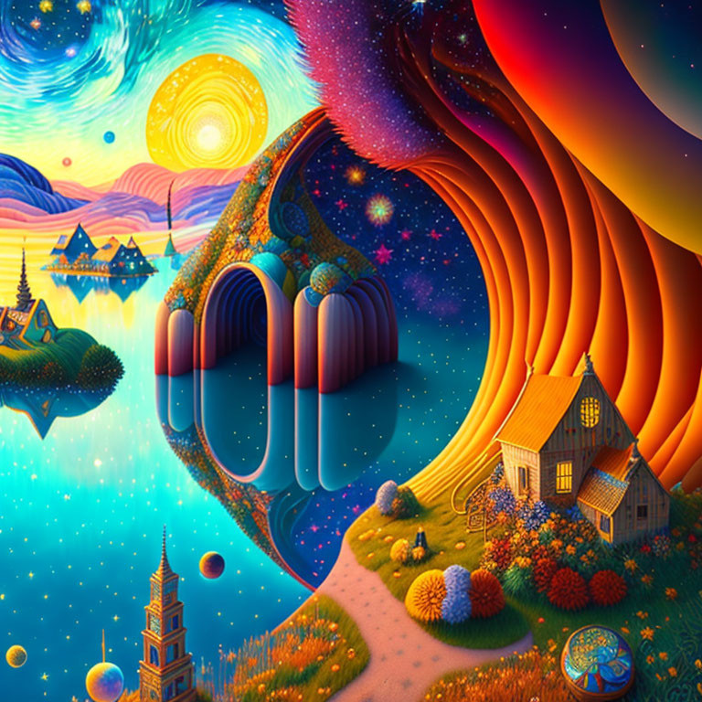 Colorful surreal landscape with swirling skies and celestial bodies