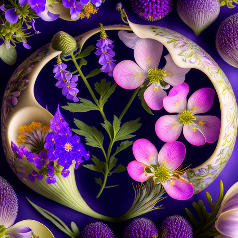 Purple Flowers and Yin-Yang Symbol on Golden-Rimmed Background