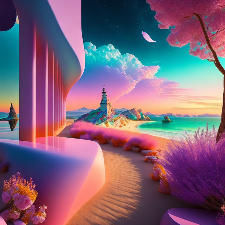 Vibrant Surreal Landscape with Futuristic Architecture and Lighthouse