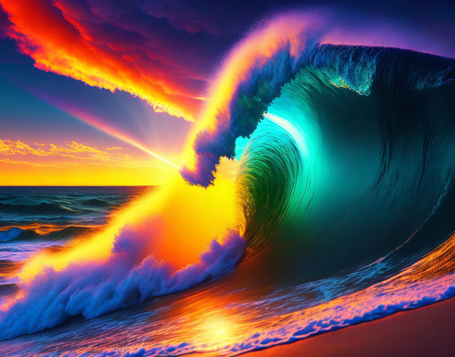 Vibrant ocean wave against sunset in striking orange and blue colors