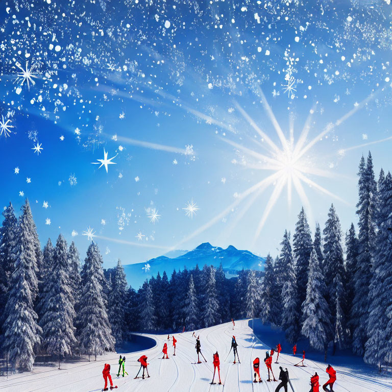 Red-clad skiers on snowy slope under blue sky with pine trees and snowflakes.