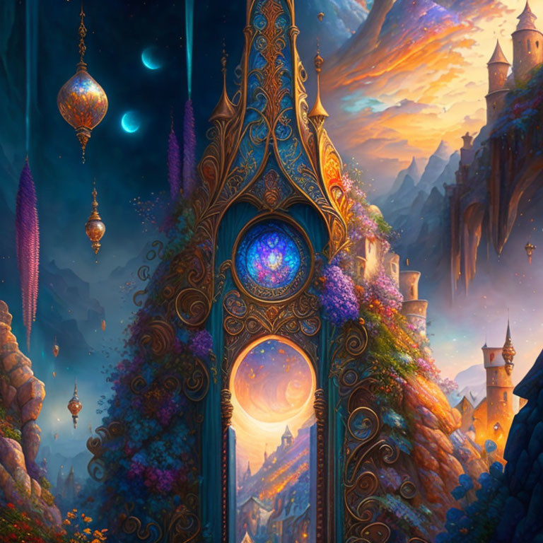 Fantasy landscape with golden door, glowing orbs, twilight sky, floating lamps, and distant castles