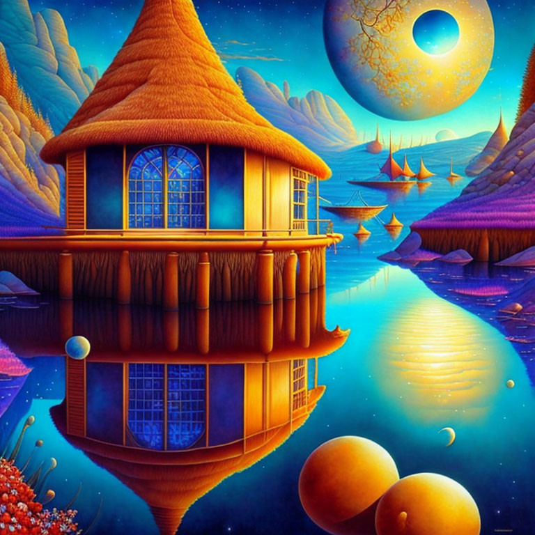 Surreal painting of thatch-roofed house by blue lake and moon