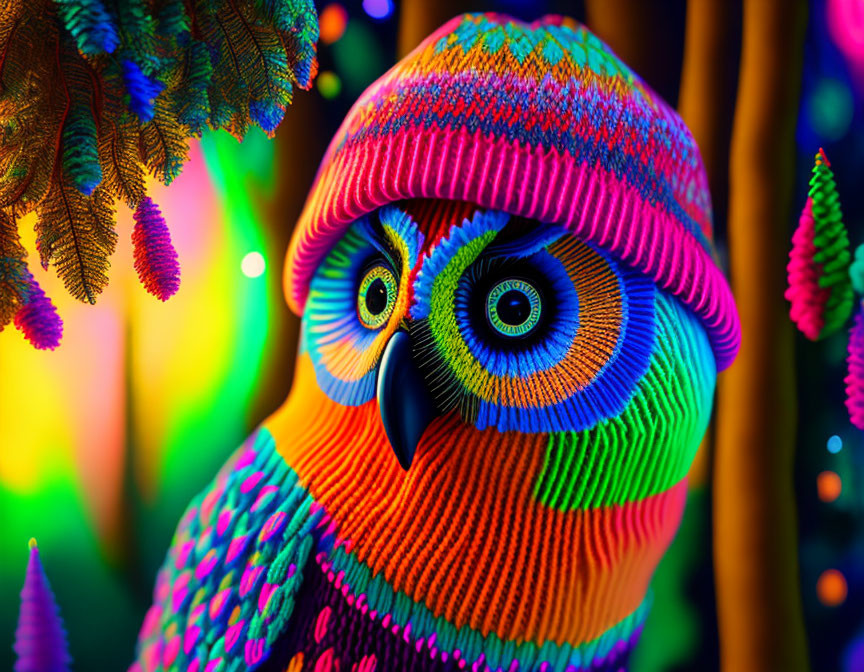 Colorful Knitted Owl Against Neon Lights and Psychedelic Patterns