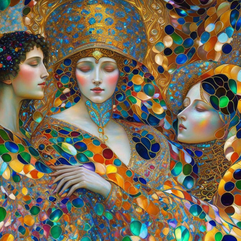 Colorful ornate figures against vibrant mosaic backdrop