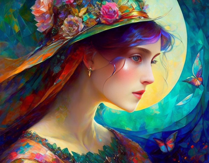 Colorful portrait of a woman in floral hat with butterfly, painted in whimsical style