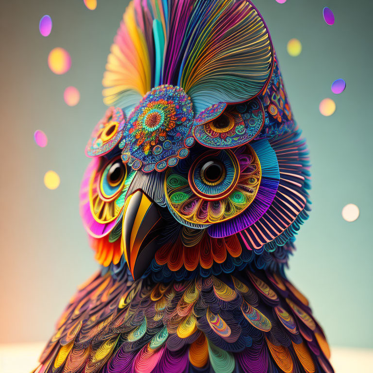 Vibrant stylized owl with intricate patterns on soft, bokeh-lit backdrop