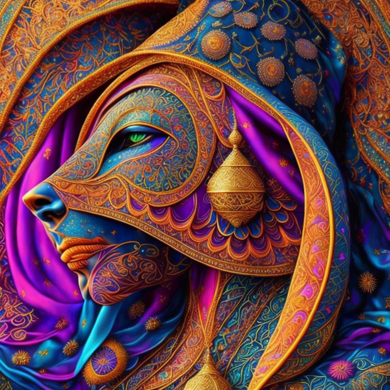 Colorful digital artwork: Woman with patterned headscarf and mystical aura