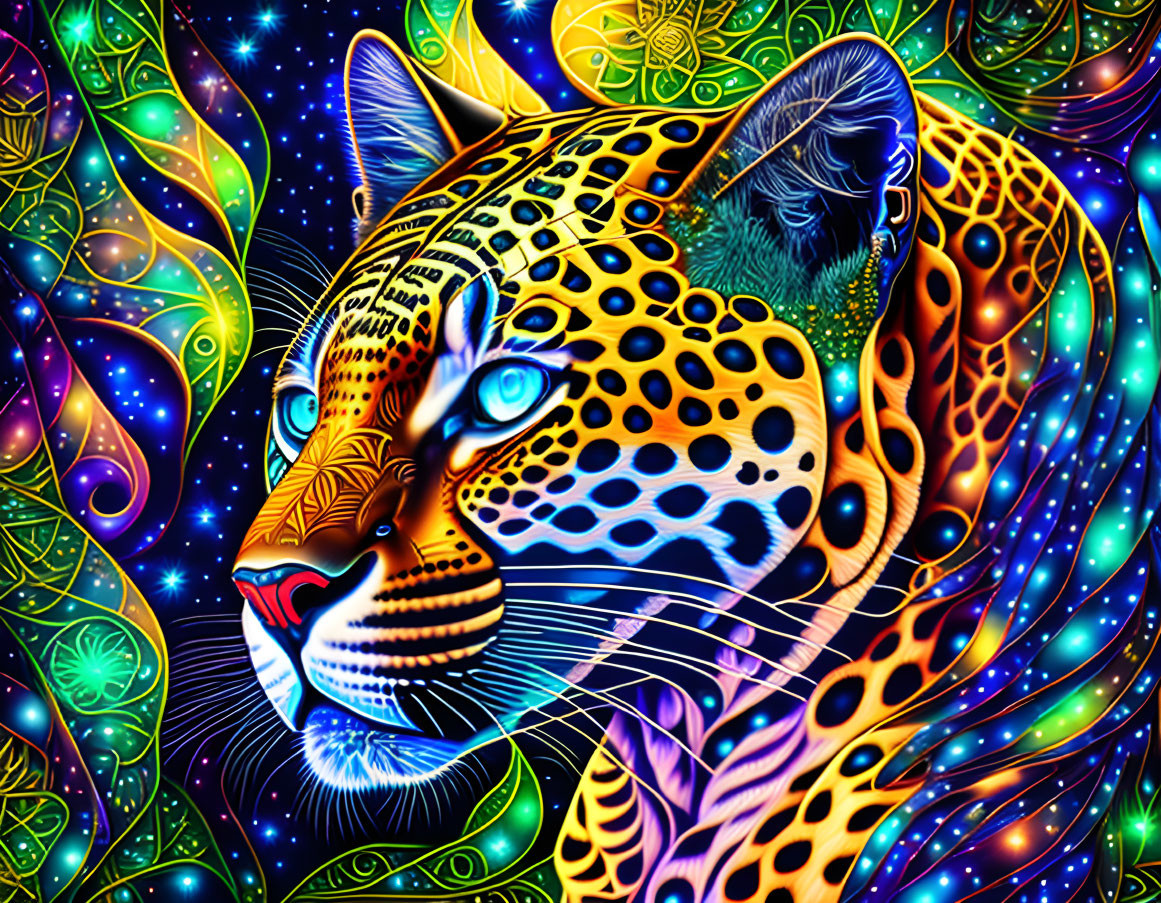 Neon-colored jaguar head in intricate digital art piece