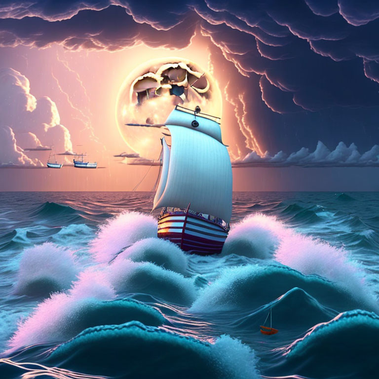 Surreal ship sailing on vibrant blue waves with skull-shaped moon in stormy pink sky