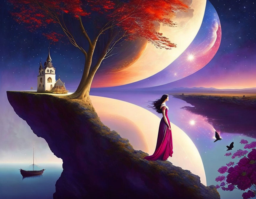 Woman in Pink Dress on Cliff with Giant Moon and Church Overlooking Starlit Sky, Sea, and