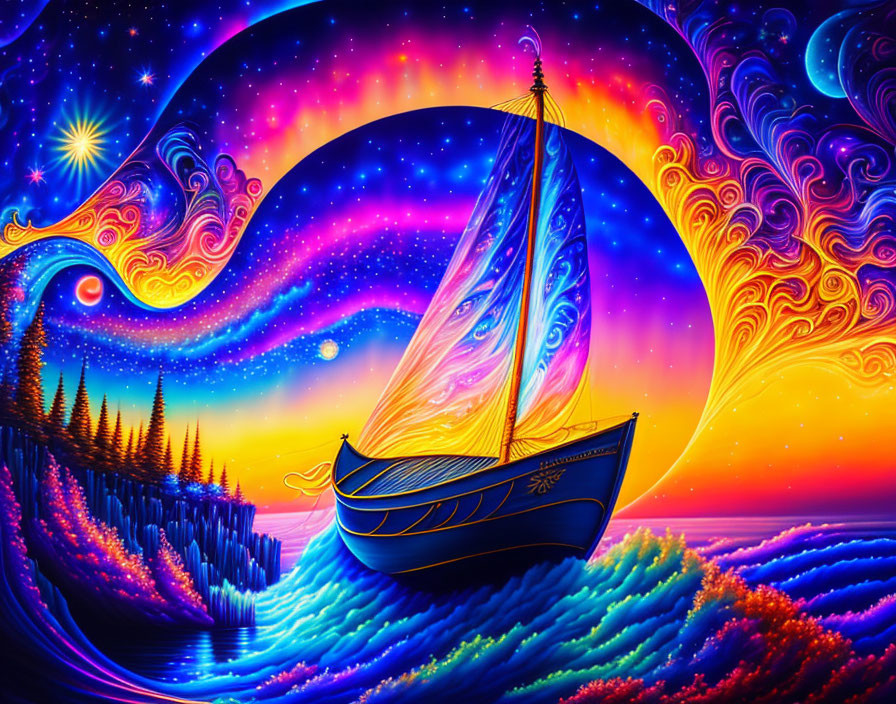 Colorful Sailboat Illustration on Cosmic Seas