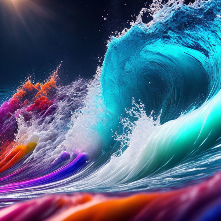 Colorful digital artwork: Blue wave with rainbow splashes