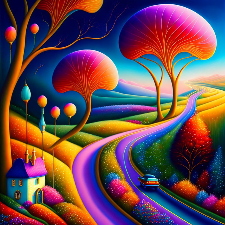 Colorful Landscape with Pink and Orange Tree-Like Forms, Curved Road, Car, and Star