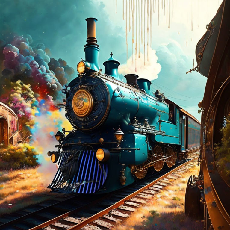 Vintage Blue Steam Locomotive with Golden Accents on Rail Track