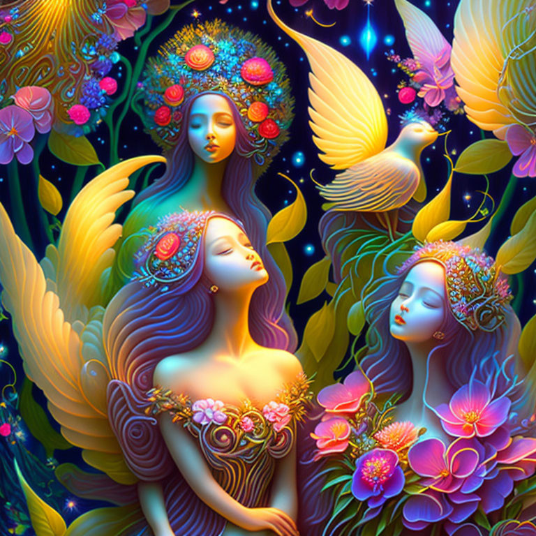 Ethereal women with vibrant flowers and birds in cosmic setting