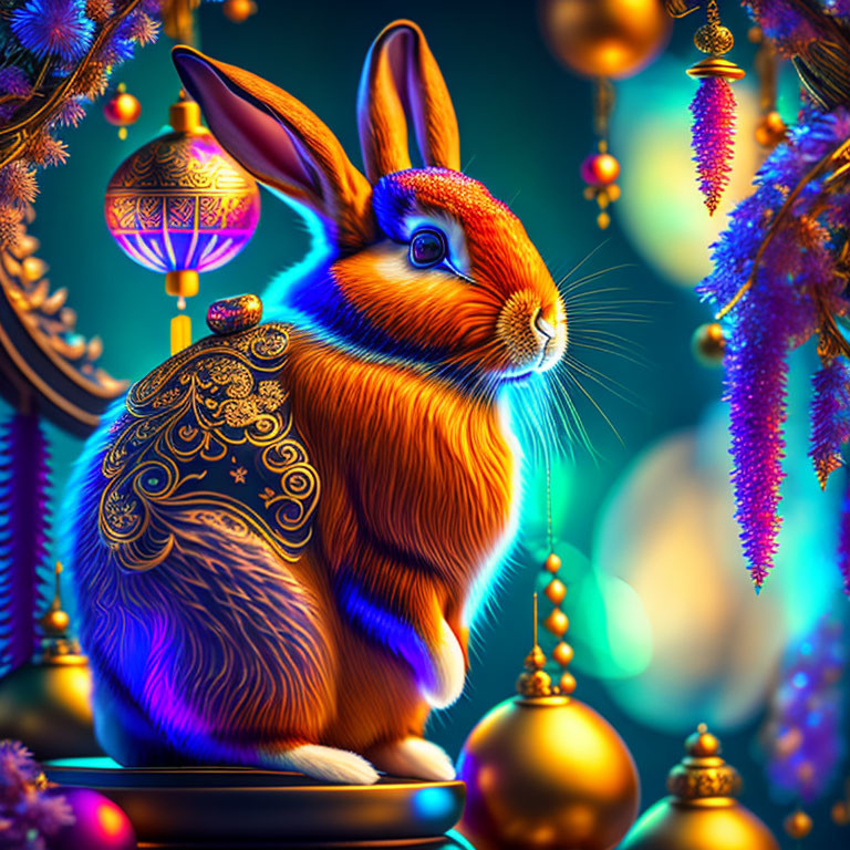 Colorful ornate rabbit surrounded by baubles on deep blue background